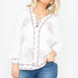 IDYLLWIND IVORY BROWN HOMEGROWN BEADED EMBROIDERY LACE-UP CREPE TUNIC TOP XS